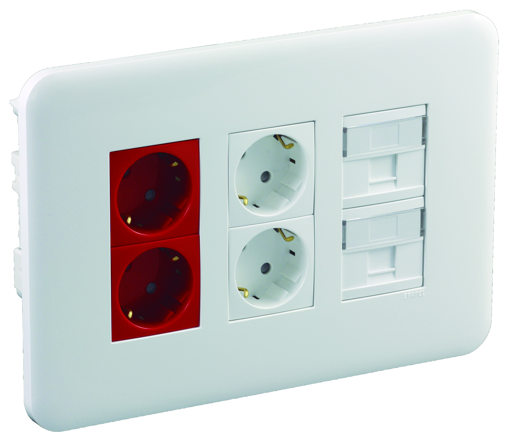 Puesto de Trabajo de Empotrar 3x4 Módulos de 45x45mm con 2 Schuko Rojo + 2 Schuko Blanco + 2 Tapas x 2 RJ